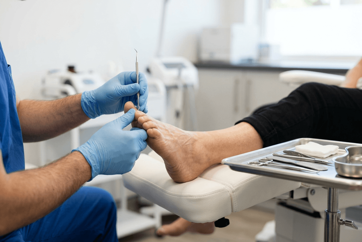 Soin de pédicurie réalisé avec précision sur une zone d'hyperkératose du pied