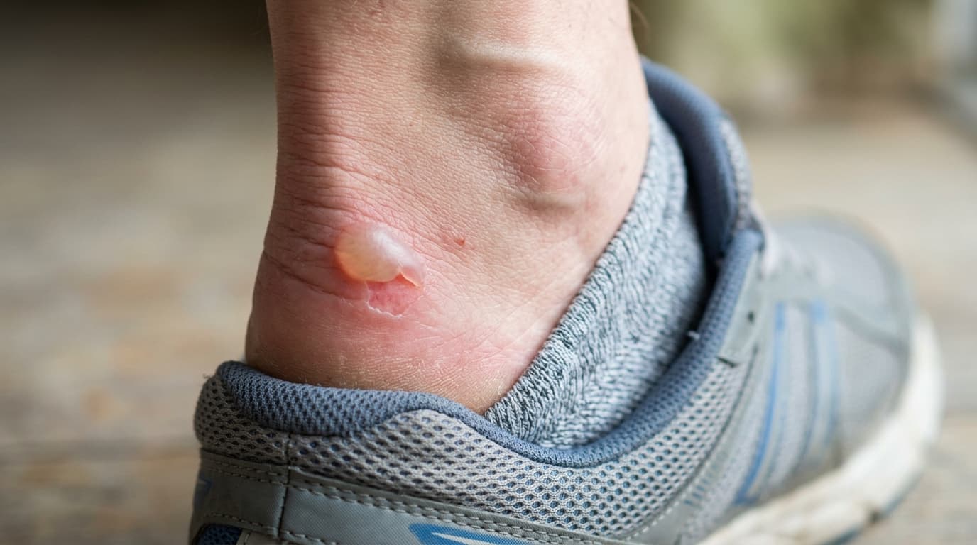 Ampoule douloureuse au talon causée par le frottement d'une chaussure