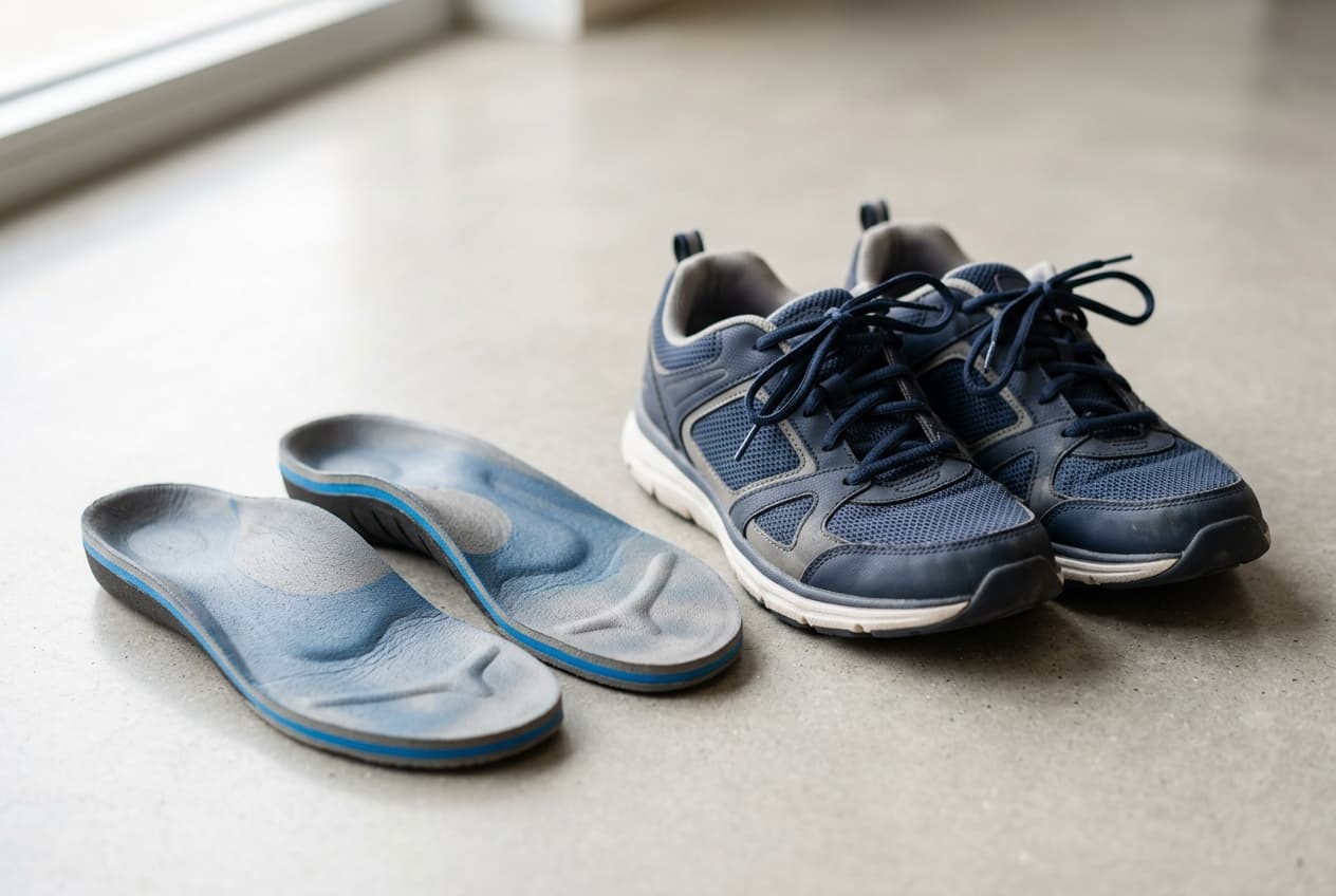 Semelles orthopédiques posées à côté de chaussures de marche